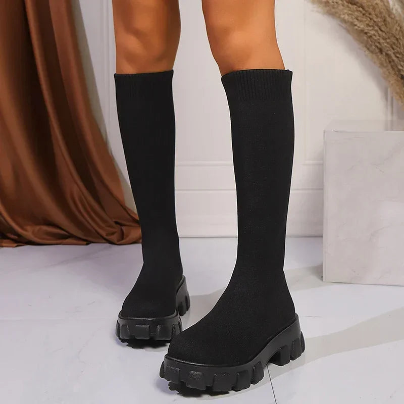 Plus Size 43 Knitting Knee High Boots Women 2025 Slip On Chunky Platform Long Boots Woman Comfortable Slip On Elastic Sock Botas