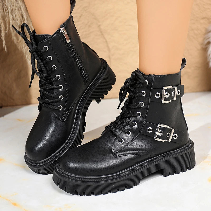 Fashion Buckle Lace Up Ankle Boots Women Autumn Winter Pu Leather Platform Boots Woman Chic Thick Sole Zipper Motorcycle Booties