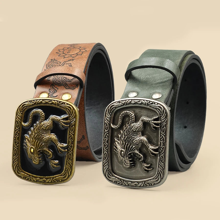 Western Cowboy Street Style Belt - Monster Motif Carved Vintage Print for Daily Wear, Commute & Casual Outfits