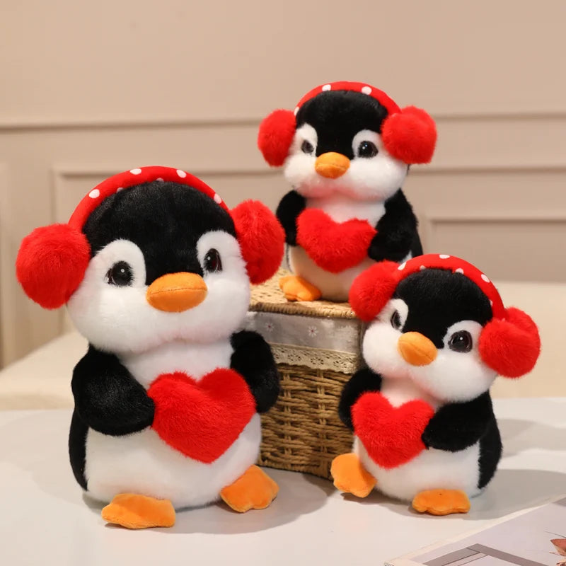 Cute Standing Earphone Penguin Doll Stuffed Holding Red Heart Say Love Cartoon Animal Toy Standing Plushie Birthday Gift