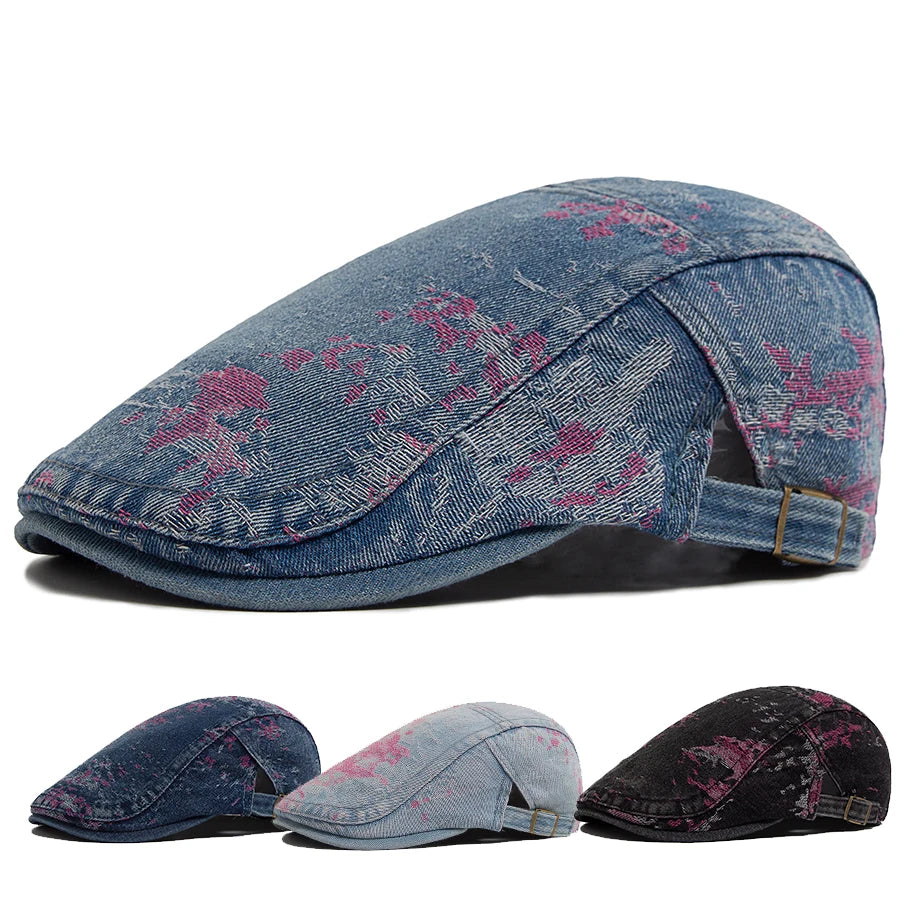Spring Fashion Print Denim Women's Beret Summer Cotton Breathable Soft Top Sun Visor Hat Men Flat Cap Newsboy Caps Adjustable