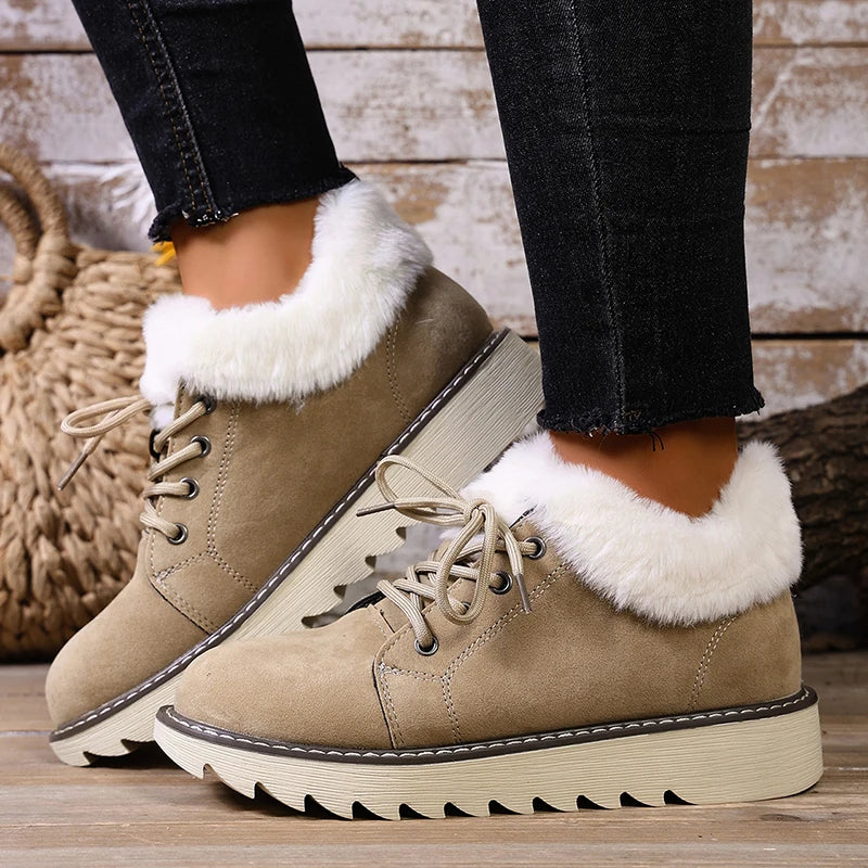 Faux Fur Non Slip Sole Snow Boots Women Autumn Winter Suede Lace Up Plush Sneakers Woman Warm Thick Sole Cotton Padded Shoes 43