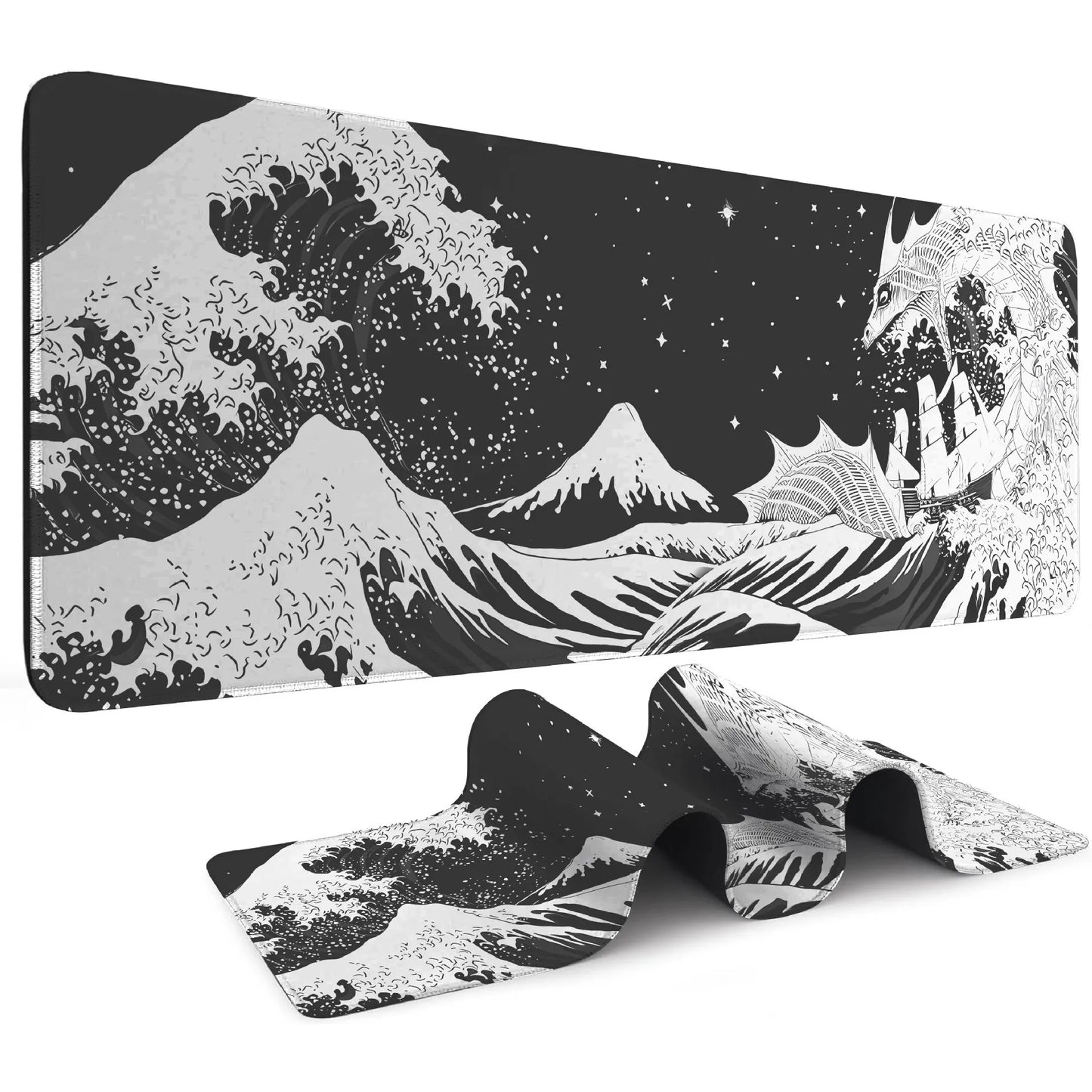 Gaming Mouse Pad for Desk,Large Wave Mousepad Laptop,Black Japanese Anime Mouse Mat,Keyboard Pads Non-Slip for Game Office Home