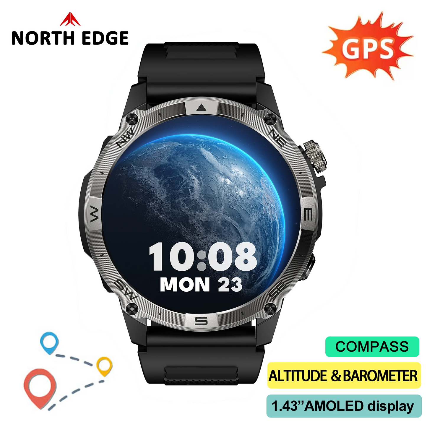 NORTH EDGE GPS Smartwatch 1.43'' AMOLED Men’s Watch Bluetooth Call Compass IP68