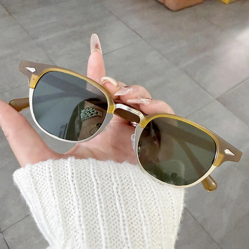 JNPCXI New Retro Classic Semi-Metal Oval Women Sunglasses Fashion Punk Men Rivets Shades UV400 Sun Glasses