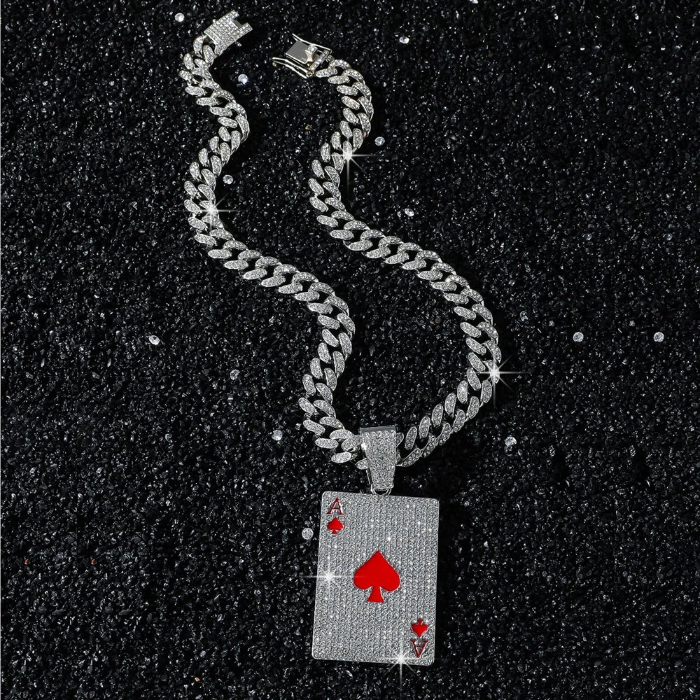 Men Women Hip Hop Poker Pendant Necklace with 13mm Cuban Chain Hiphop Iced Out Red Peach A Necklaces Fashion Punk Jewelry Gifts