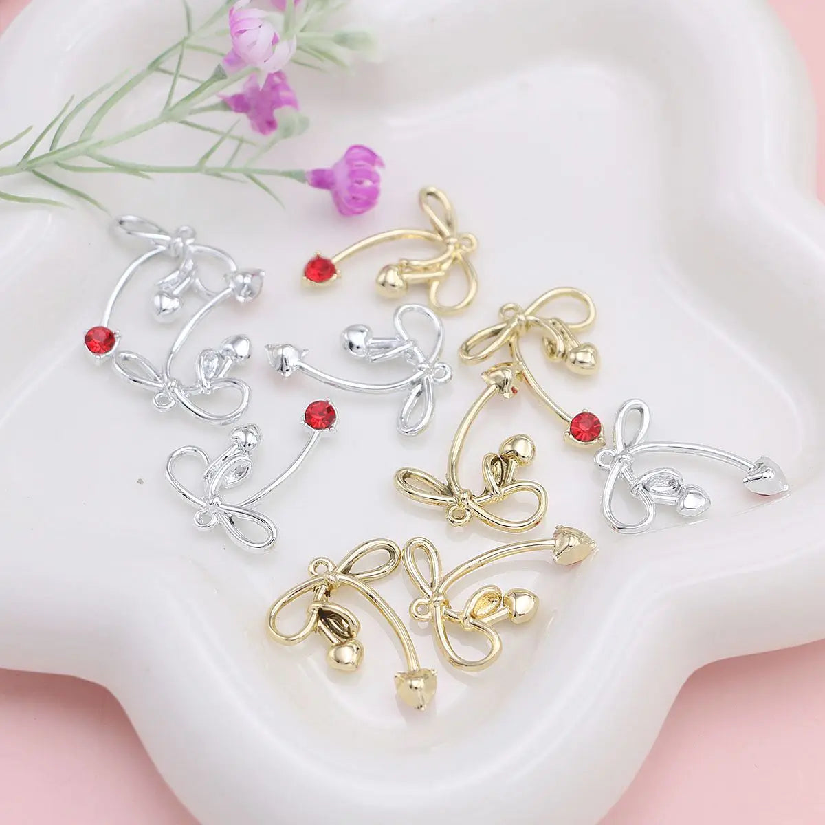 10Pcs Golden/Silvery Color Red Crystal Bow Charms Pendant for Jewelry Making Necklace Earrings Accessories DIY Bracelet