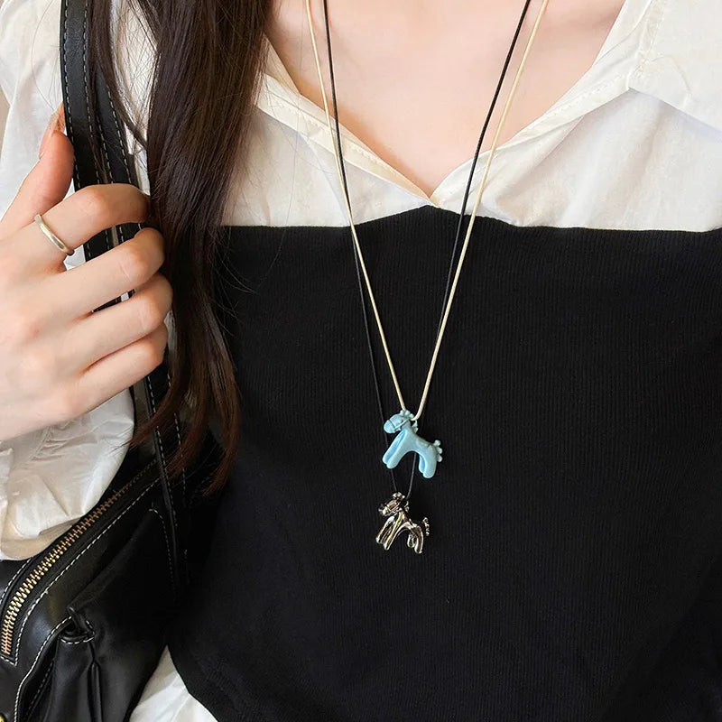 Funny Cartoon Colorful Horse Pendant Necklace for Women Adjustable Black Wax Rope Long Sweater Chain Accessories Fashion Jewelry
