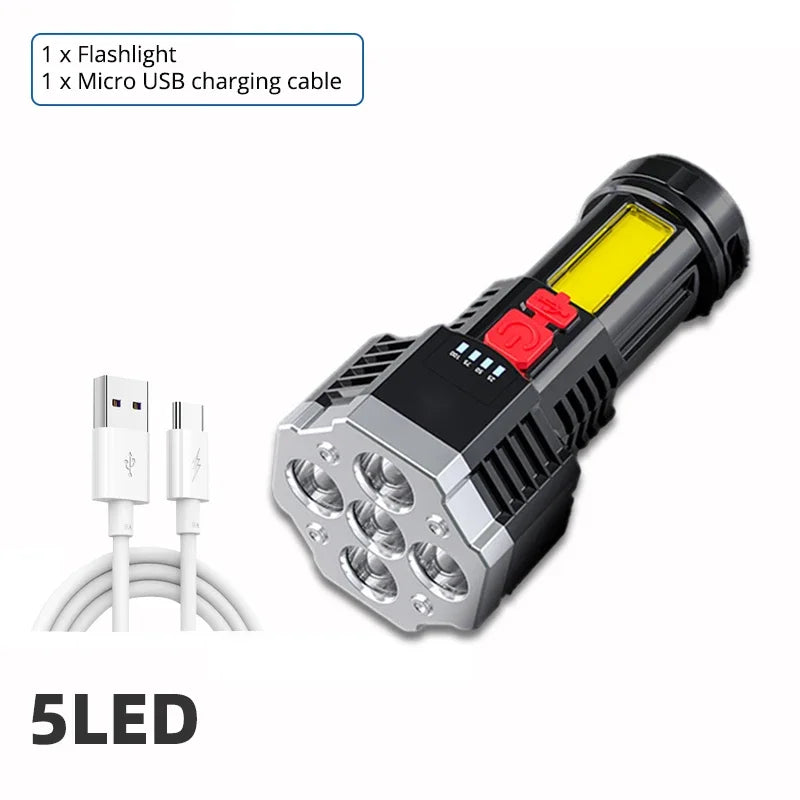 High Power Rechargeable LED Flashlight, 7-LED Camping Torch with COB Side Light