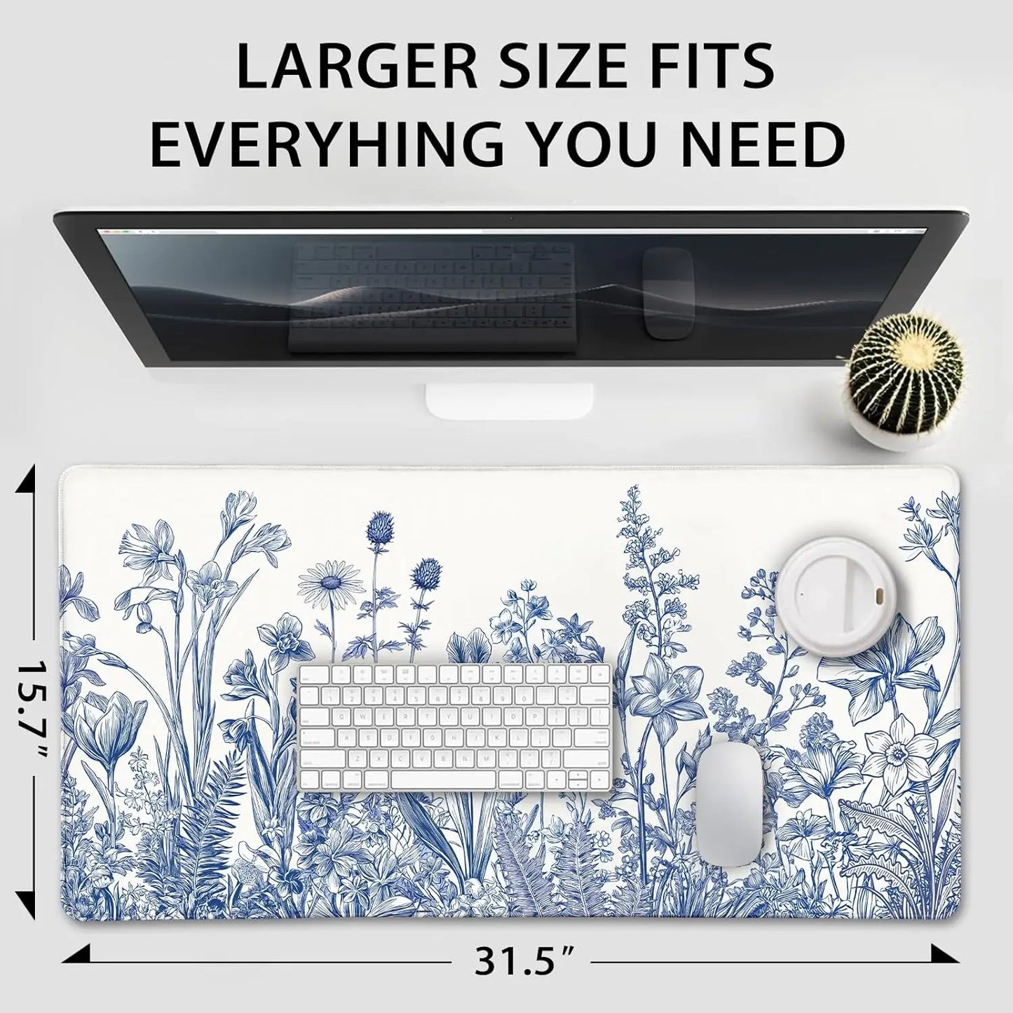 Narcissus Blue Floral Large Gaming Mouse Pad，XXL Desk Mat,Non-Slip Rubber Base Stitched Edges - Waterproo Mousepad for PC/Office
