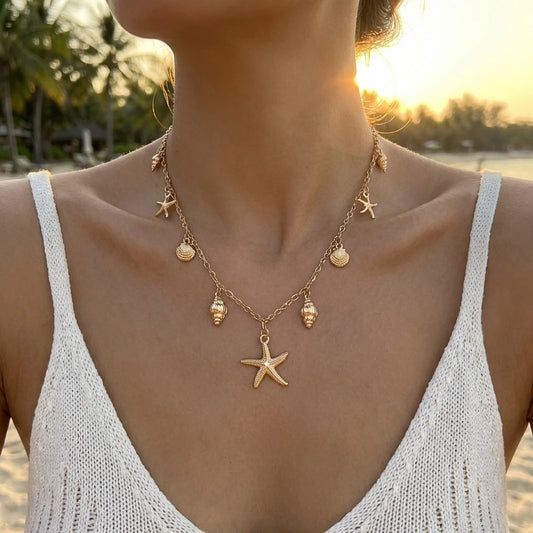 Starfish Conch Choker Necklace Ocean Theme Sea Shell Short Collarbone Chain Summer Beach Vacation Jewelry for Women