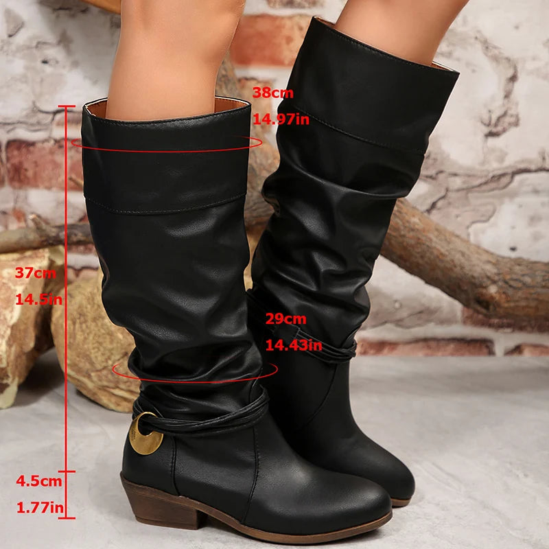 Slip On Thick Heels Knee High Boots Women Metal Decor Non Slip Pu Leather Boots Woman Plus Size 36-43 Retro Long Botas Mujer