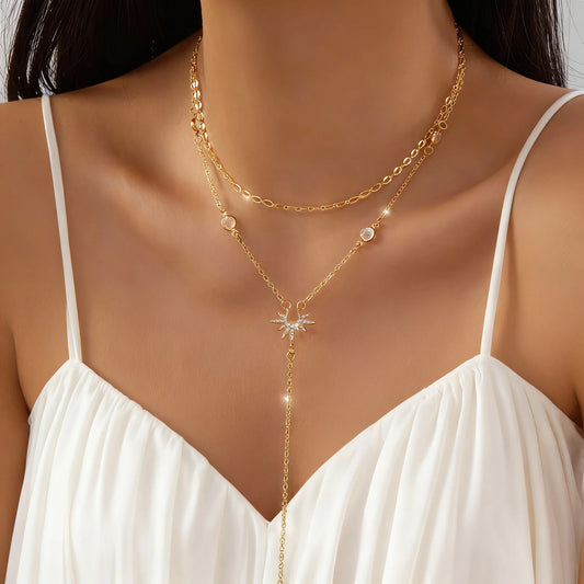 Fashion Gold Color Y-Shaped Pendant Necklaces For Women Luxury Zirconia Sun Geometric Long Tassel Choker Jewelry Birthday Gifts