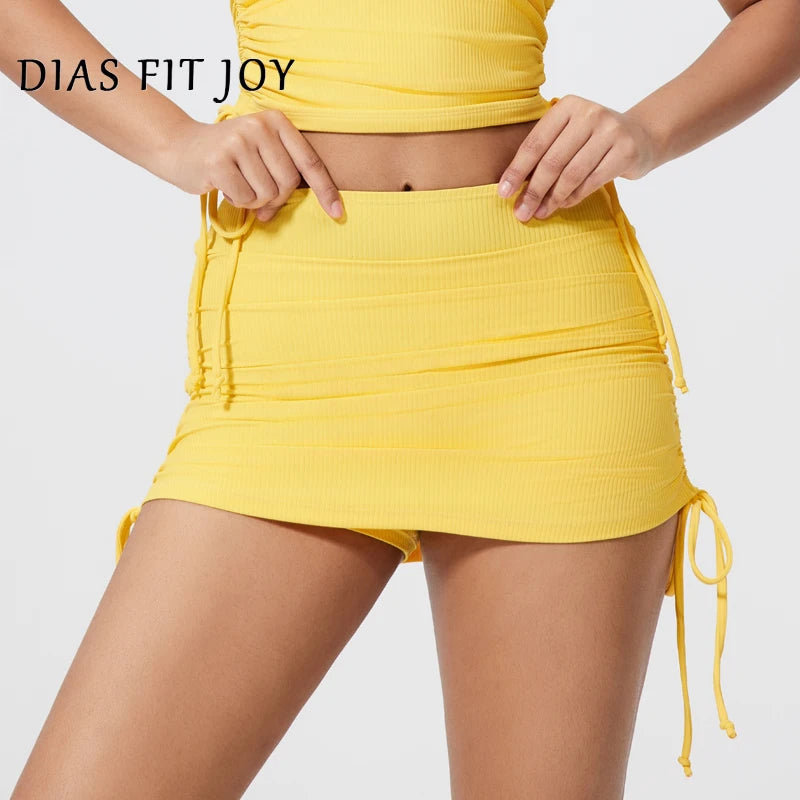 DIAS FIT JOY Women's Ribbed yoga drawstring skirt yoga suit tight fitting fitness suit including safety pants sports skirt