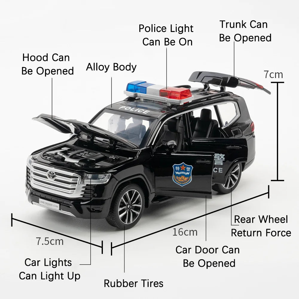 1:32 Prado Land Cruiser LC300 Police Car Metal Model Toy Alloy Diecast Vehice Rubber Tire Sound Light Pull Back Toy Gift for Kid