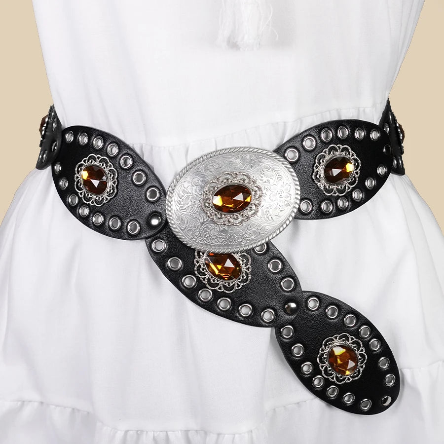 Black Vintage European Style Women's Belt - Rhinestone Inlaid Openwork Carving Design, Wide Fashion Waist Accessory