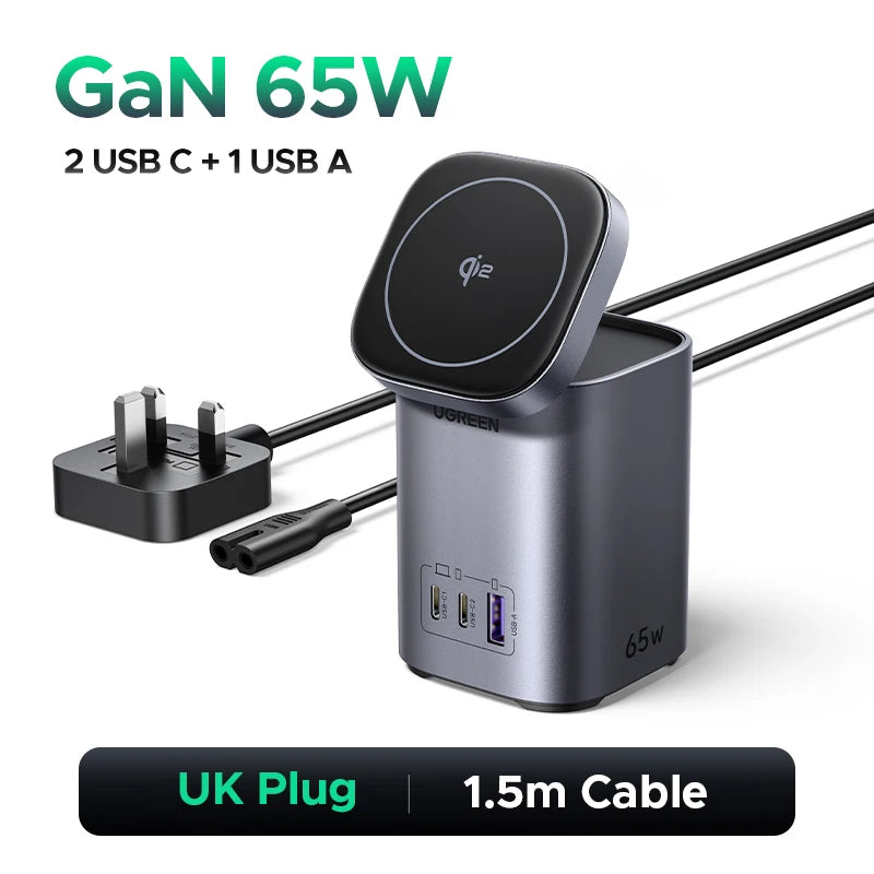 UGREEN GaN 65W Desktop Charger Qi2 15W Magnetic Wireless Charger Stand For Laptop Macbook Air iPhone 17 16 Pro Samsung Xiaomi
