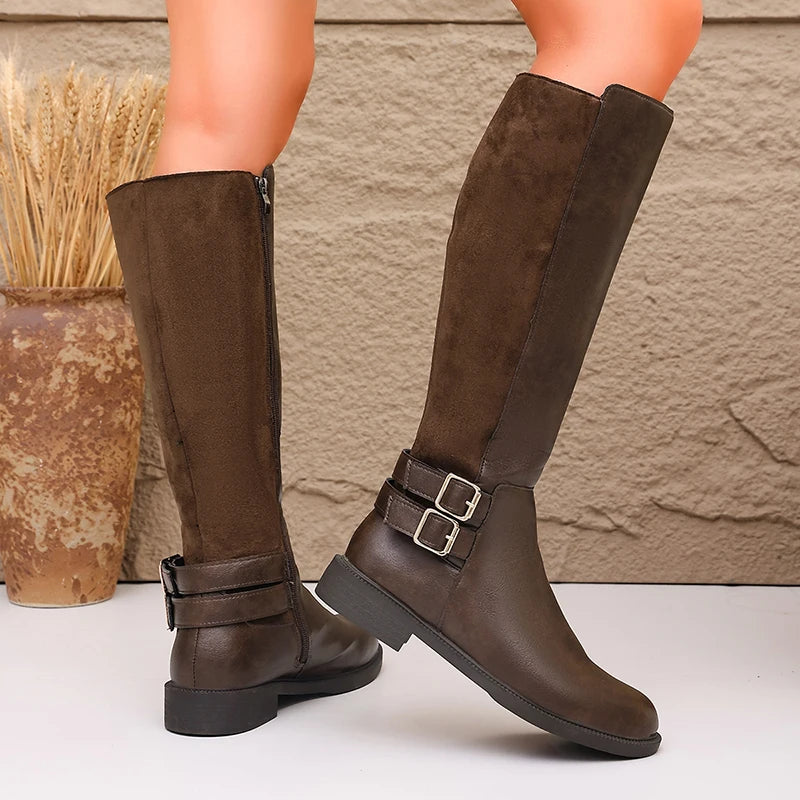 Fashion Buckle Brown Pu Leather Riding Boots Women Plus Size 43 Middle Heel Knee High Boots Woman Round Toe Zipper Long Botas