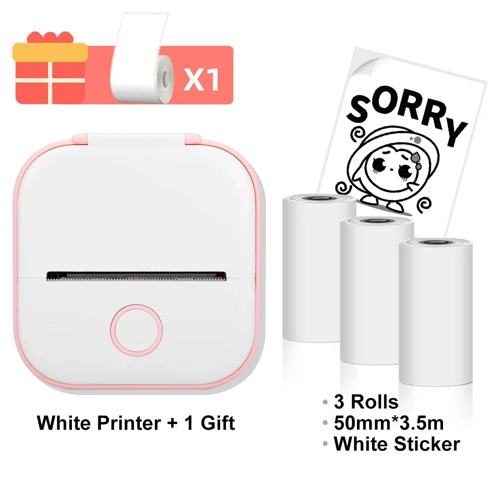 White T02 Mini Portable Bluetooth Thermal Printer T02 Sticker Photo Maker Machine