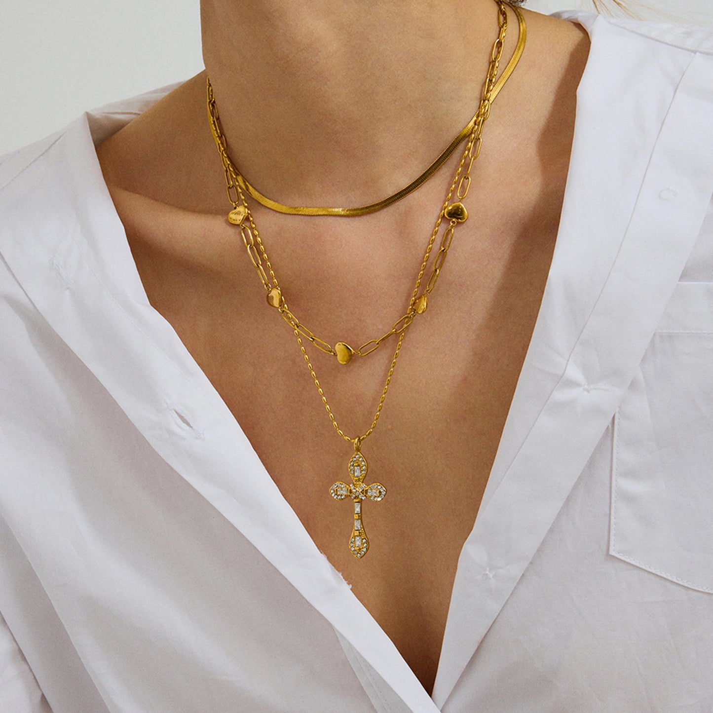 Uworld Retro Zircon Cross Pendant Necklace 18K Gold Color Plated Stainless Steel Colorful Zircon Cross Pendant Necklace Women's