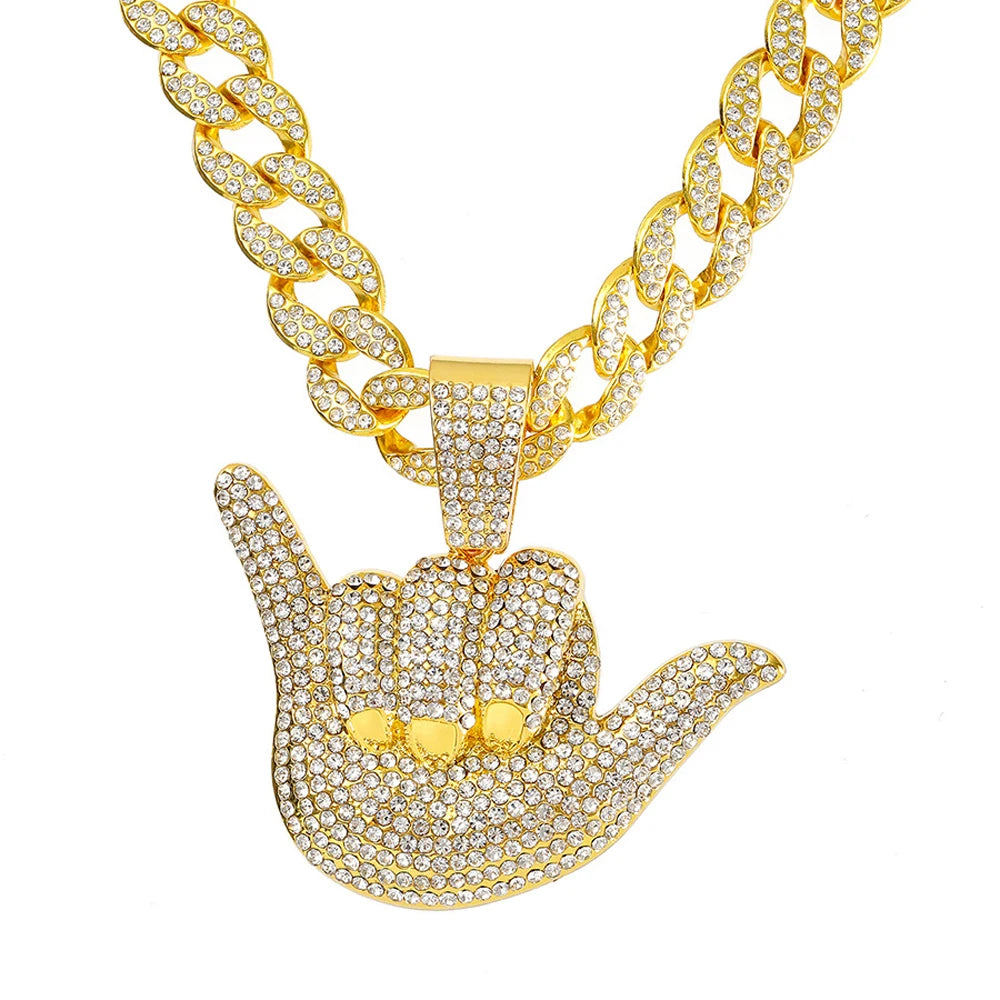 Hip Hop Number 6 Gestures Pendants Necklaces With 15mm Cuban Chain Fashion Bling Crystal Personality Cool Jewelry For Men Women
