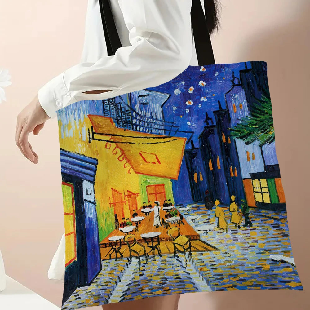 Van Gogh Series Linen Bag Oil Painting Starry Night Flower Handbag Shoulder Bag