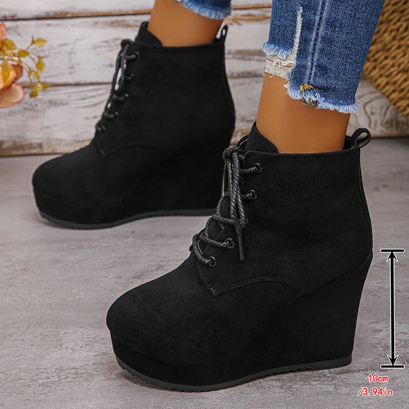 Fashion Lace Up Wedge Boots for Women Plus Size 35-42 Chunky Platform Ankle Boots Woman Autumn Winter Faux Suede Short Booties