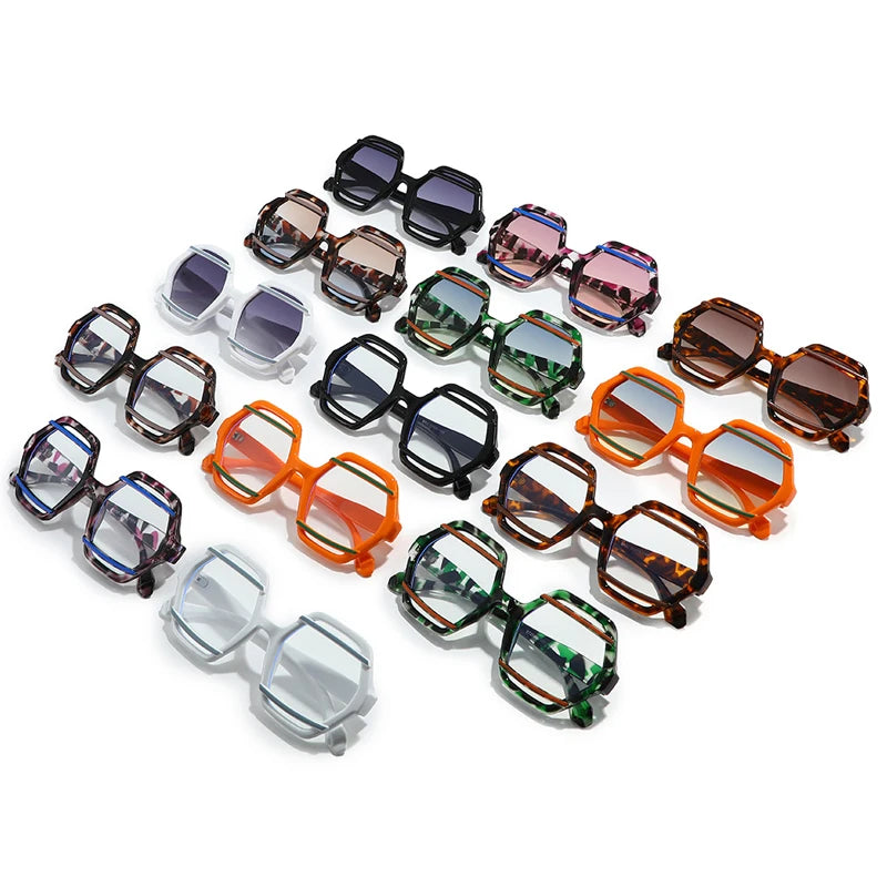 JNPCXI Retro Polygon Jelly Tea Sunglasses Women Fashion Gradient Eyewear Shades UV400 Men Rivets Sun Glasses