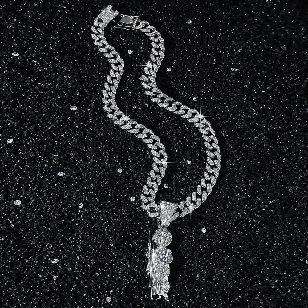 Hip Hop Men Bling Iced Out Crystal Miami Cuban Link Necklace For Women San Judas 13mm Cuban Chain Religious Jewelry Pendant Gift