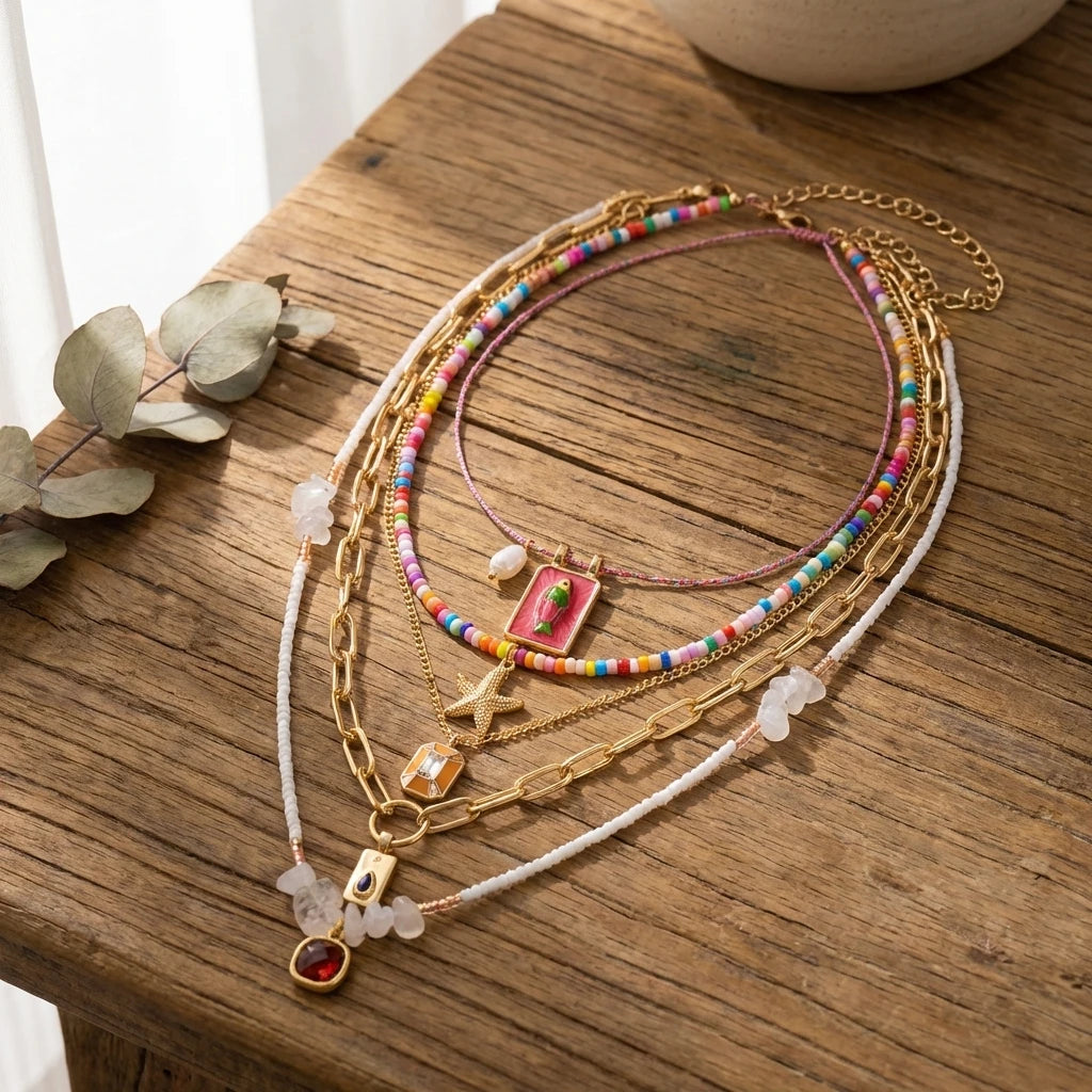 Vacation Mix Match 5Pcs Layered Necklace Set For Women Starfish Enamel Fish Beaded Adjustable Beachwear Jewelry