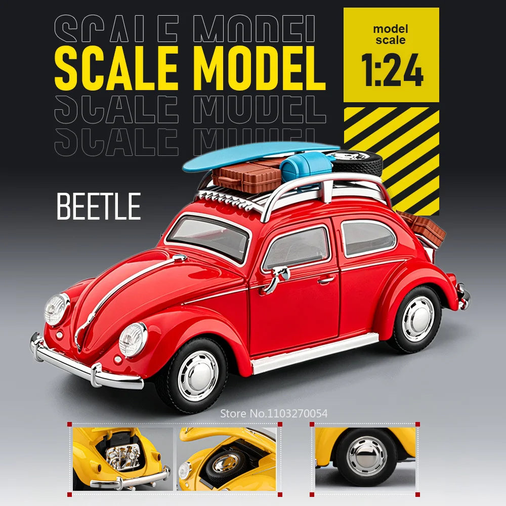 1:24 Beetle Santana Model Car Diecast Alloy Toys Front Wheel Steering with Sound Light Pull Back Models Vintage Cars Collection