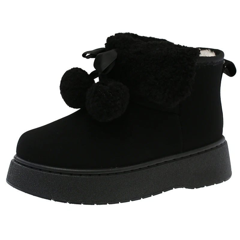 Cute Ball Platform Snow Boots for Women Comfort Thick Bottom Non Slip Fluffy Ankle Boots Woman Slip On Plush Warm Cotton Shoes