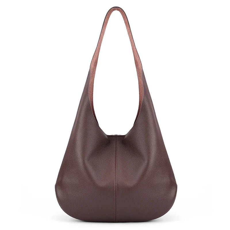 Genuine Cowhide Leather Slouchy Hobo Shoulder Bag for Women Pebbled Leather Large Capacity Everyday Tote Bag Daily Underarm Bags