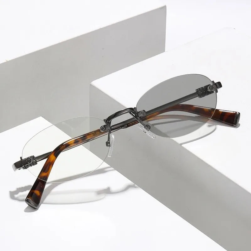 Rimless Oval Photochromic Sunglasses Men Women Lightweight Metal Frame Transition Lens UV400 Protection Sun Glasses