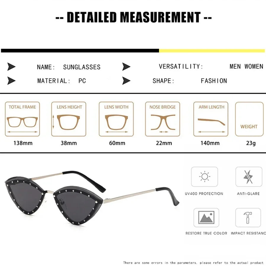 JNPCXI New Triangle Cat Eye Sunglasses Alloy Rimless Crystal Shiny Sun Glasses Female Unique Elegant Green Rhinestone Shades