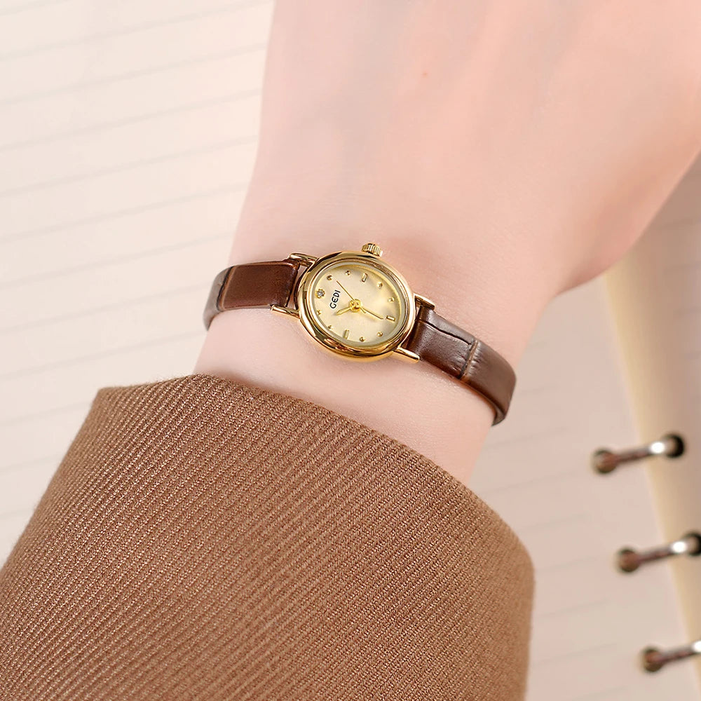 GEDI Vintage Small Watch Woman Elegant Oval Leather Strap Quartz Ladies Watches Wristwatch Waterproof Fashionable
