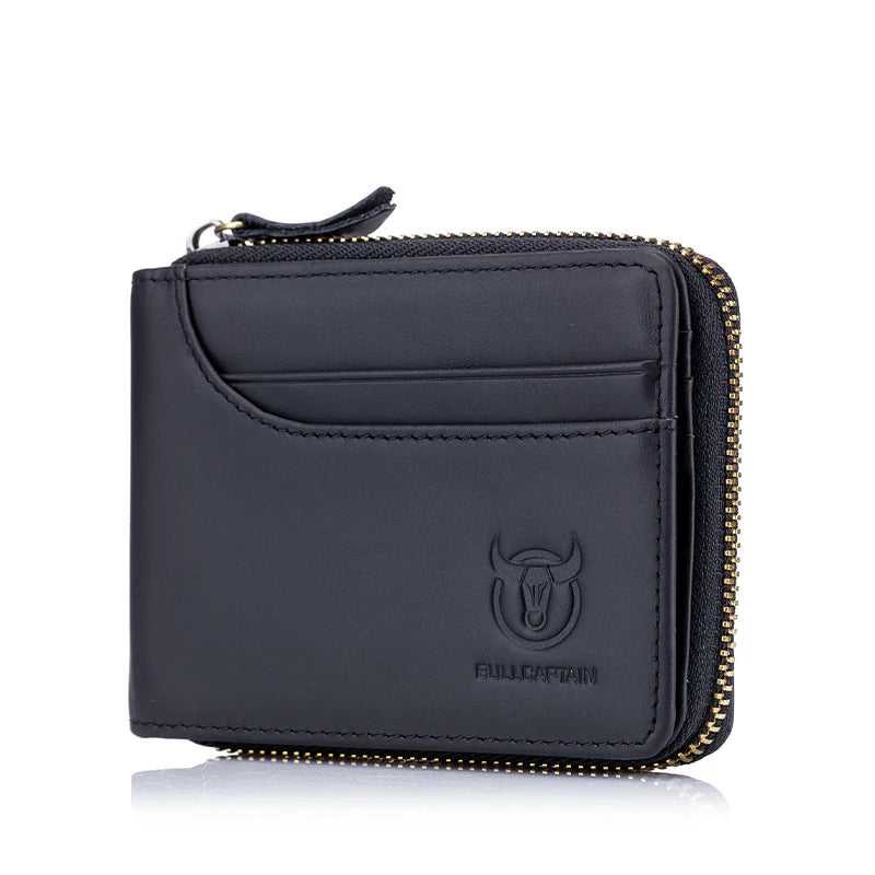 BULLCAPTAIN Men's Genuine Leather Wallet Business Casual Retro RFID Zipper Coin Purse Multi-Card Slot Cash Clip