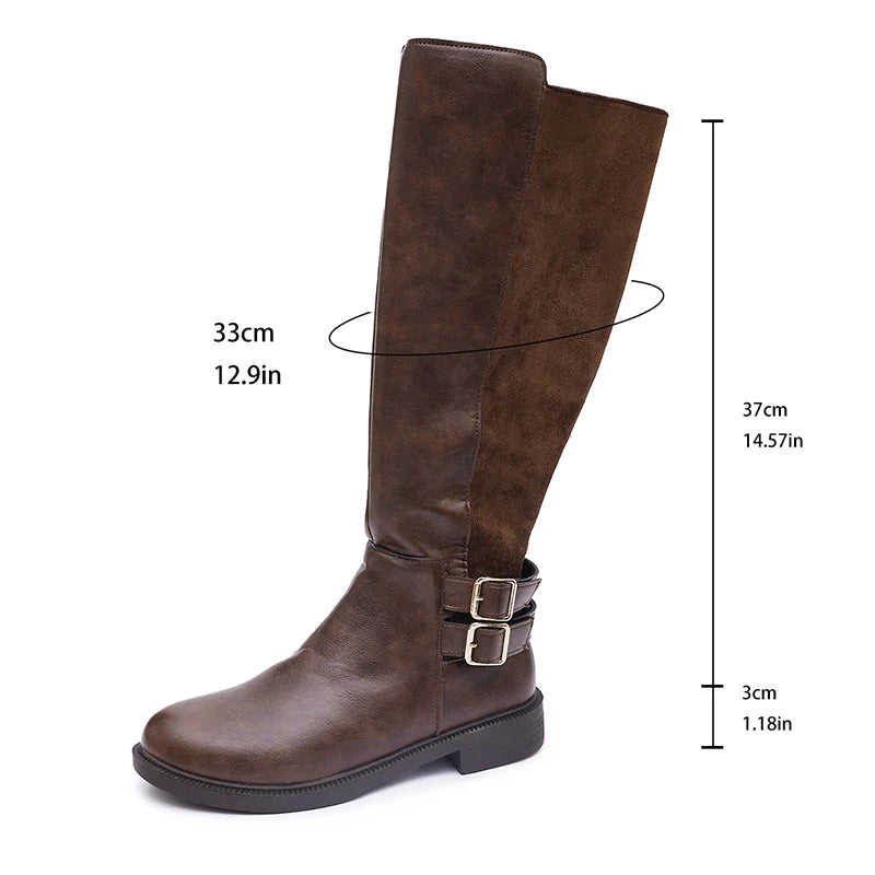Fashion Buckle Brown Pu Leather Riding Boots Women Plus Size 43 Middle Heel Knee High Boots Woman Round Toe Zipper Long Botas