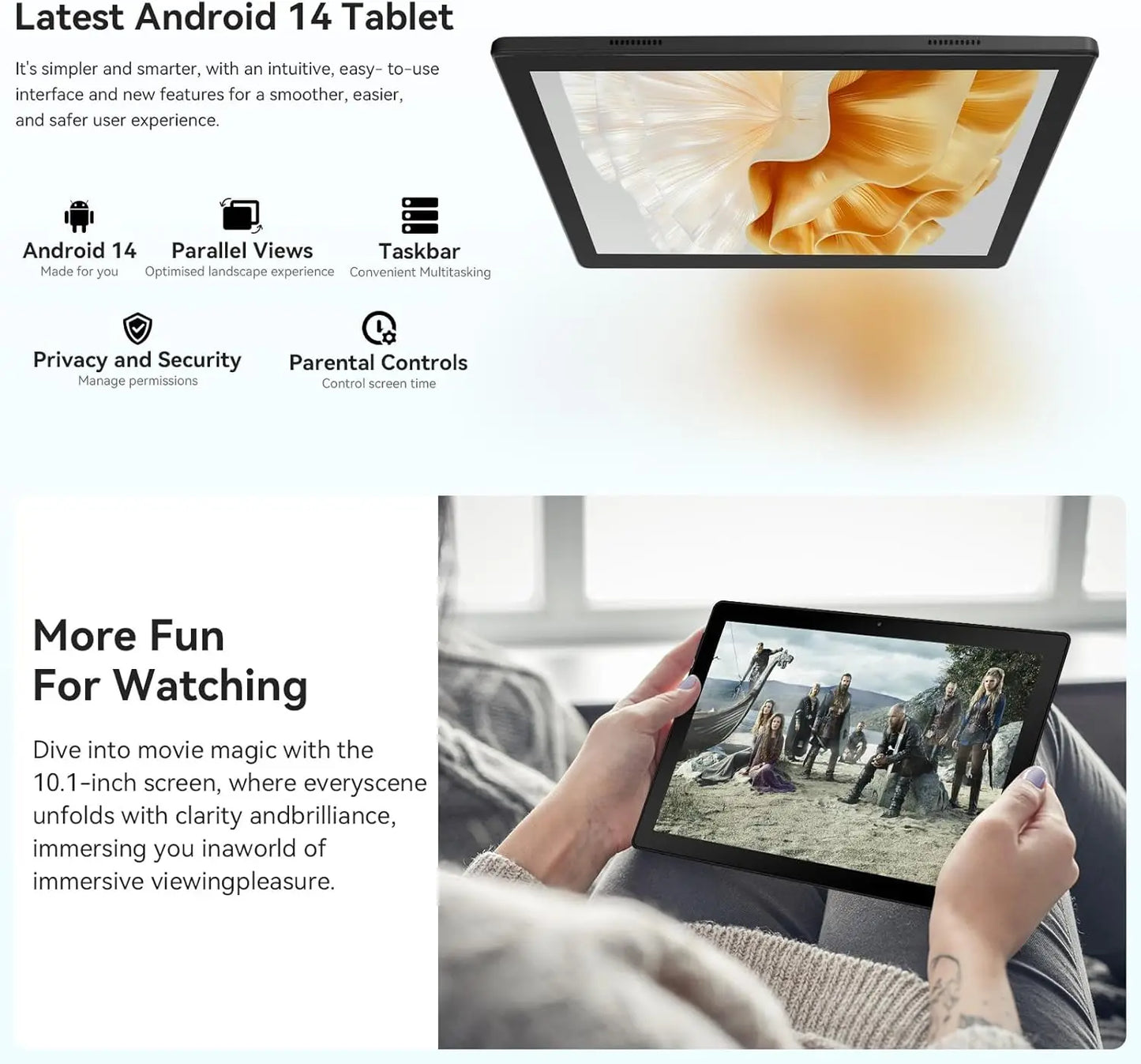 URAO 10" Android 14 Tablet 10GB+64GB 1TB Expand, WiFi 6, 5000mAh Face Detection