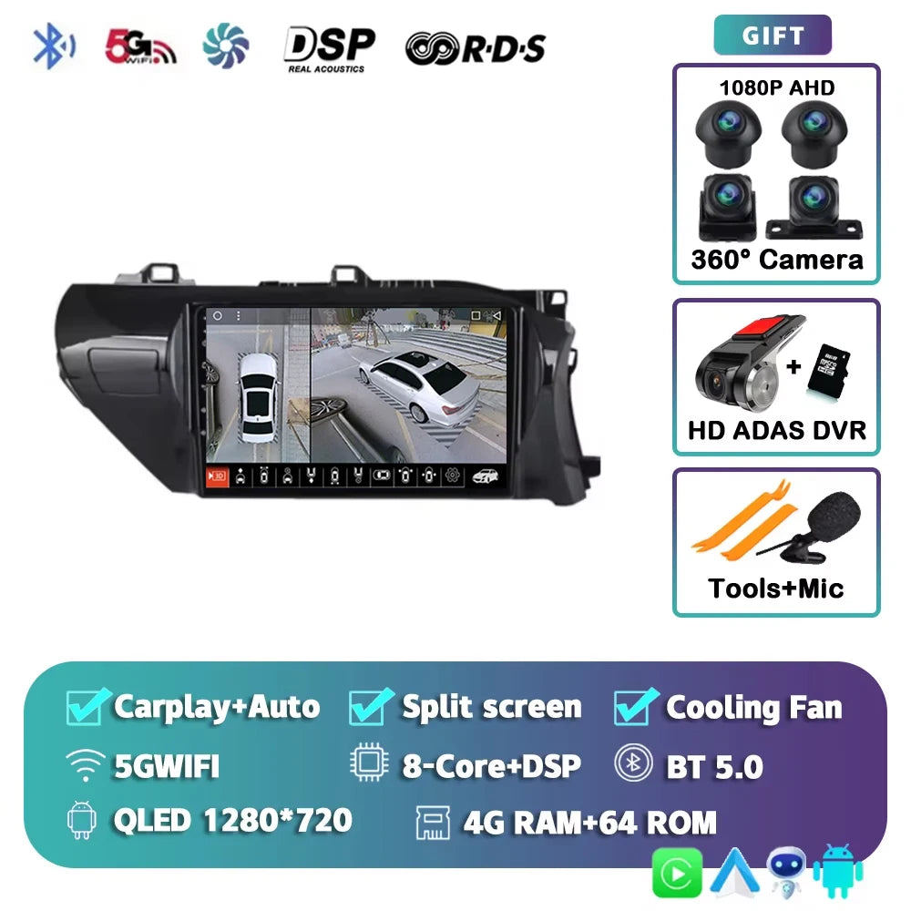 Car Radio For Toyota Hilux RHD 2015 2016 2017 2018 2020 2021 2023 Wireless Carplay Android Auto Multimedia Player Stereo WIFI 4G