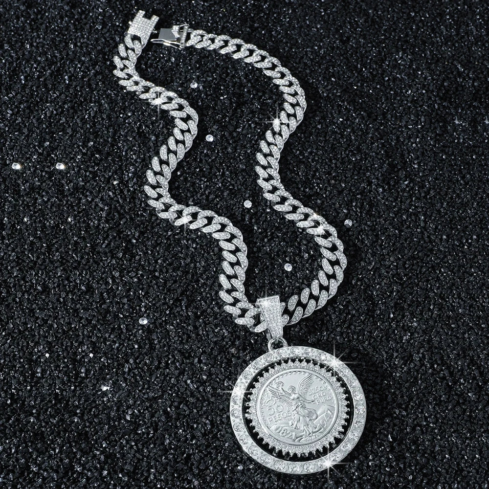 Men Hip hop Iced out Bling Rotatable Rotundity Medal Pendant Necklace 13mm Cuban Chain Hiphop Necklaces Fashion Charm Jewelry