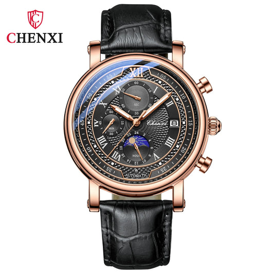 Chenxi Men's Leather Chronograph Phase of The Moon Luminous Quartz Watch