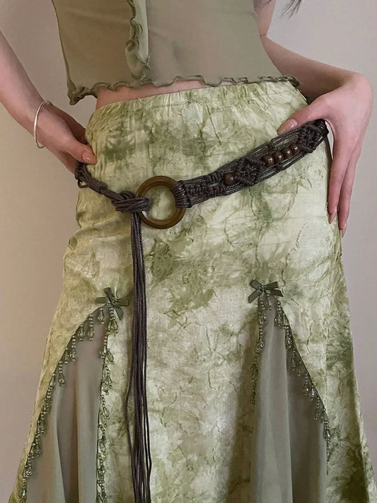 Retro Folk Style Woven Waist Rope Women Wooden Ring Design Feeling Bohemian Skirt Dress Belt Accessories