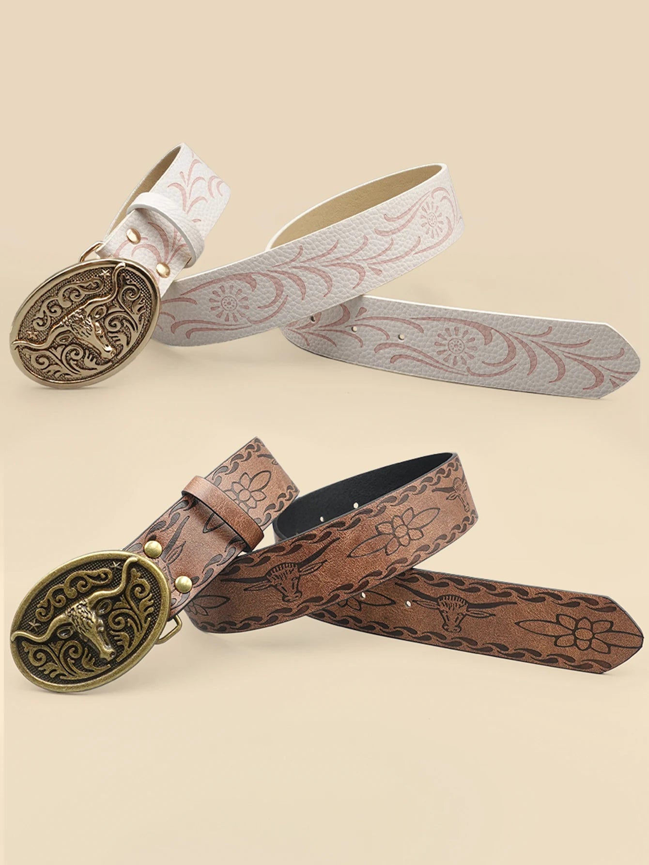 Western Cowboy Style Vintage Casual Belt - Ox Head Carved Buckle & Bohemian Print, Perfect for Daily Commute & Dating Outfits
