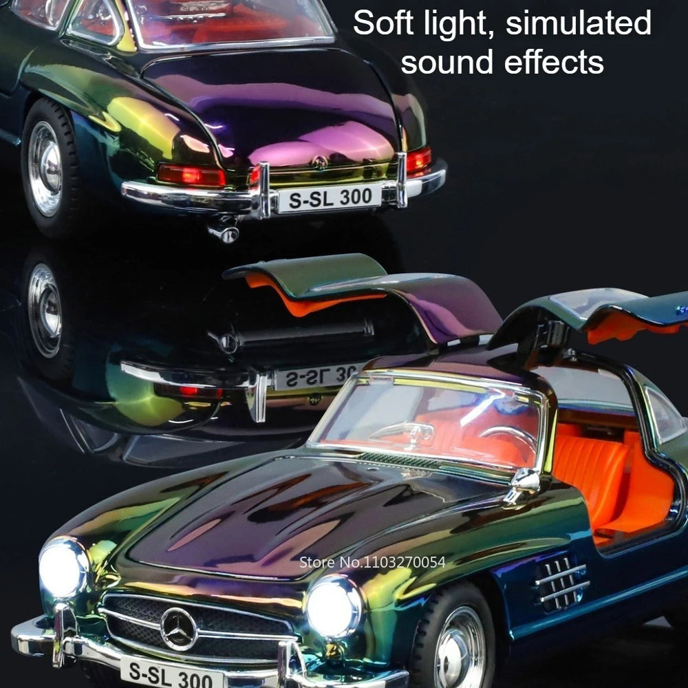 1:24 300SL 500K Alloy Vintage Car Diecast Toy Model Shock Absorption Door Opened Sound Light Pull Back Miniature Models Boy Gift