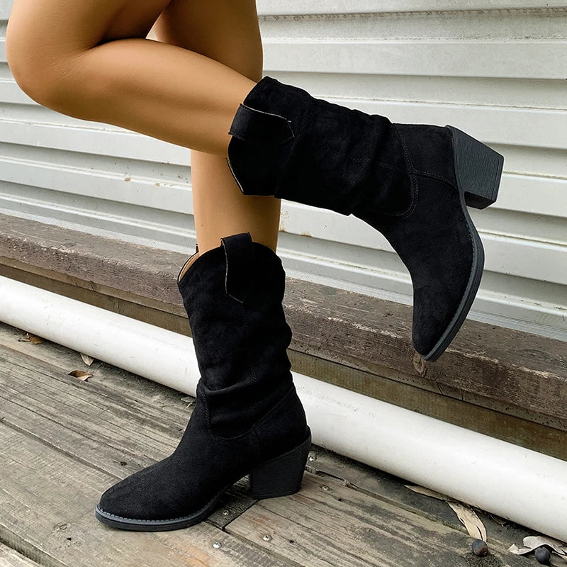 Brown Pointed Toe Thick Heels Western Boots Women Plus Size 43 Slip On Mid Calf Boots Woman Wide Leg Pleated Flock Botas Mujer