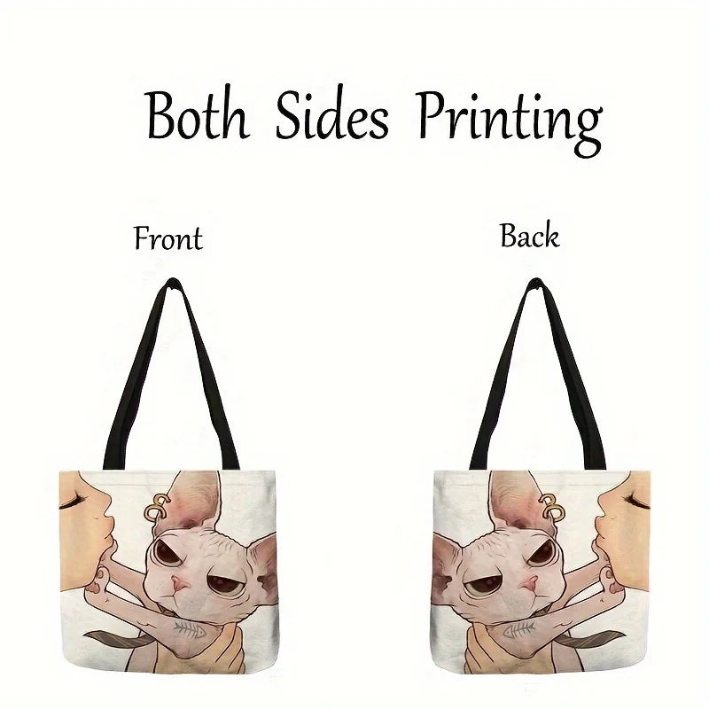 Cute Cartoon Cat Print Tote Bag, Large Shoulder Bag, Women's Casual Handbag