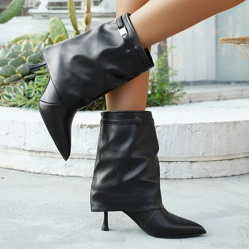 Luxury Black Thin High Heels Ankle Boots Women Sexy Pointed Toe Black Pu Leather Boots Woman Slip On Fashion Short Booties 43