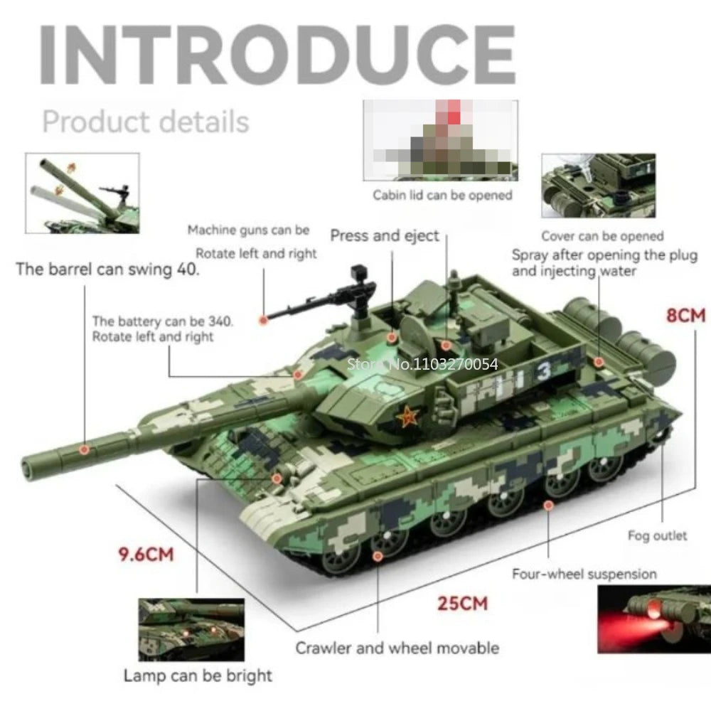 1/32 T99A Tank Model Spray Alloy Die-casting Toy Car with Rotatable Gun Barrel Press Ejection Vehicle Decoration Children's Gift