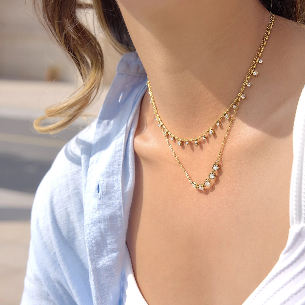 Uworld Delicate Round Rhinestones Bead Chain Necklace For Women 18K PVD Gold Plated Stainless Steel Layered Necklaces Party Gift